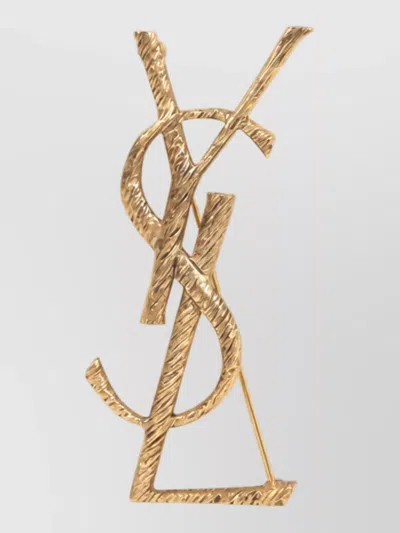 Saint Laurent Brass Monogram Brooch In Gold
