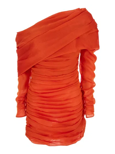 Saint Laurent Brick One-shoulder Mini-dress With All-over Ruching In Silk Muslin Woman In Red