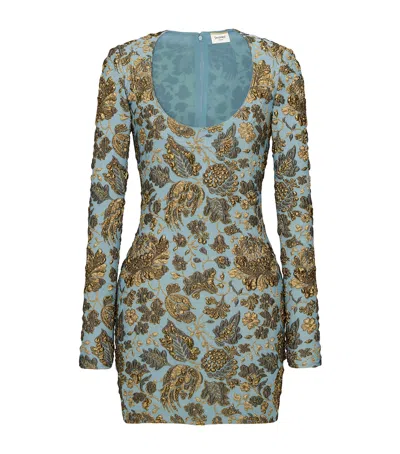 Saint Laurent Floral-brocade Long-sleeves Mini Dress In Blue