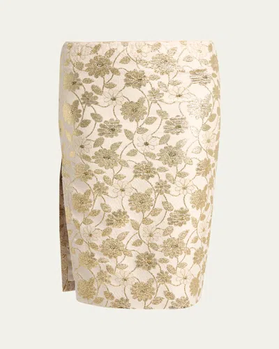 Saint Laurent Brocade Midi Skirt In Neutral