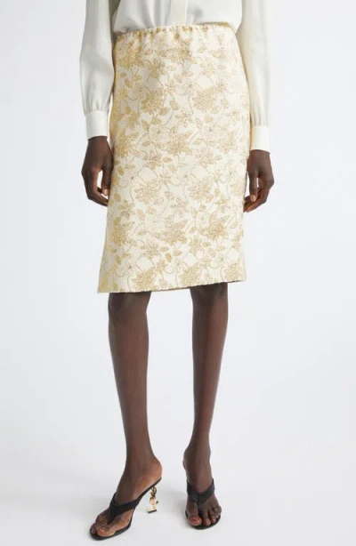 Saint Laurent Brocade Pencil Skirt In Gold