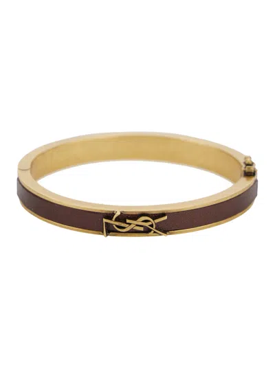 Saint Laurent Brown And Gold Colored Bracelt With Cassandre In Metal And Leather Woman In Multicolor