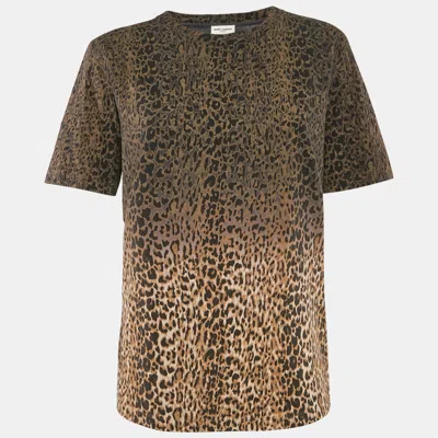 Pre-owned Saint Laurent Brown Animal Print Cotton Crew Neck T-shirt M