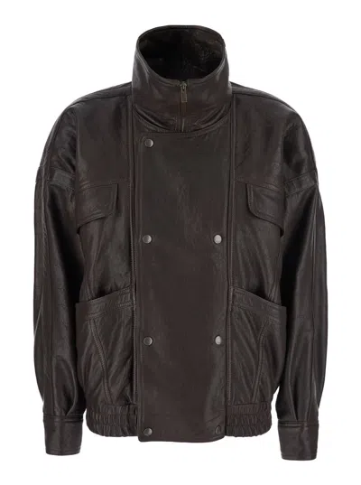 Saint Laurent Brown Bomber Jacket With Mandarin Collar And Elastic Waist In Leather Woman