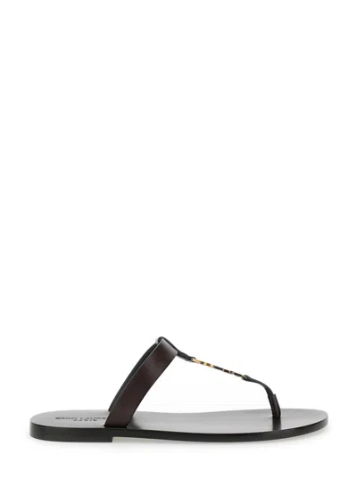 SAINT LAURENT BROWN CASSANDRE BROWN FLAT SANDALS