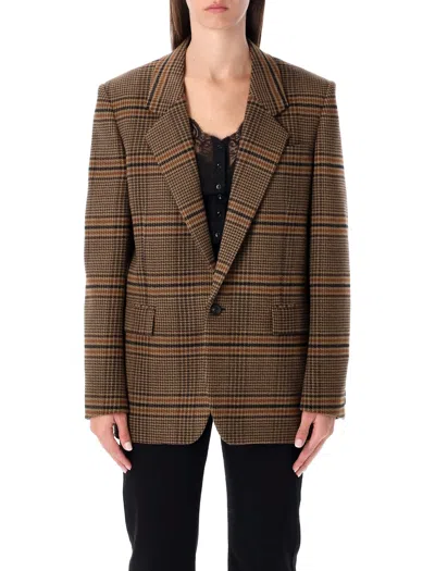 SAINT LAURENT SAINT LAURENT BROWN CHECK WOOL SINGLE-BREASTED BLAZER