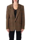 Saint Laurent Brown Check Wool Single-breasted Blazer In Blue