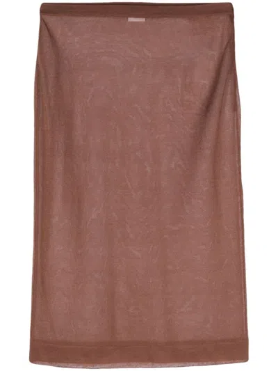 Saint Laurent Paris Women Sheer Silk Knitted Pencil Skirt In Brown