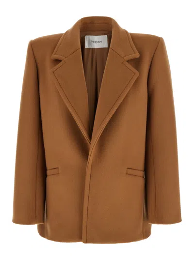Saint Laurent Brown Coat With Classic Lapels And Shoulder Pads In Virgin Wool Woman In Baby Blue