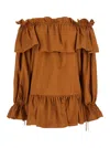 Saint Laurent Brown Ruffle Dress With Bare Shoulders In Cotton Twill Woman In Brown