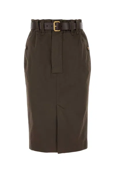 Saint Laurent Cotton Pencil Skirt In Brown