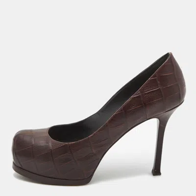 Pre-owned Saint Laurent Brown Croc Embossed Leather Tribtoo Platform Pumps Size 37