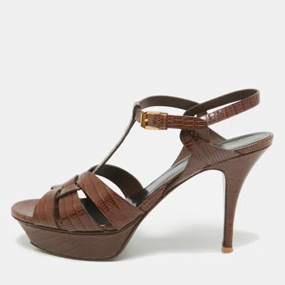 Pre-owned Saint Laurent Brown Croc Embossed Leather Tribute Sandals Size 40.5