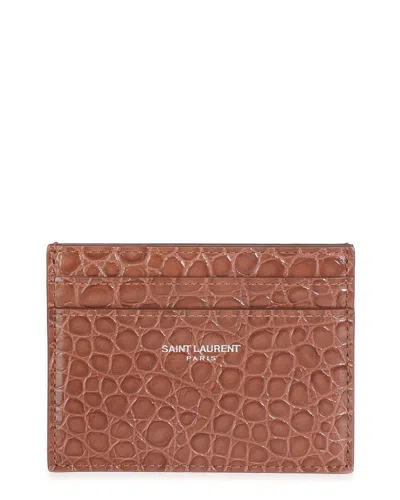 Pre-owned Saint Laurent Brown Croc-embossed Calfskin Logo Card Holder (authentic Pre-loved)