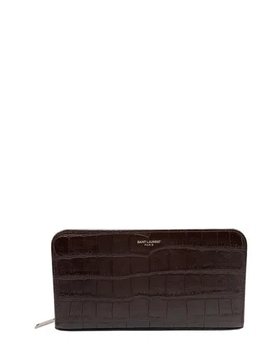 Saint Laurent Brown Croc-embossed Leather Long Wallet (authentic Pre-loved)