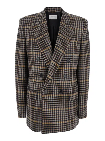 Saint Laurent Brown Double-breasted Jacket With Notched Revers And All-over Check Motif In Wool Woman In Brown