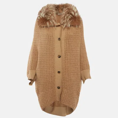 Pre-owned Saint Laurent Brown Fur Trim Cotton Knit Cardigan Xs