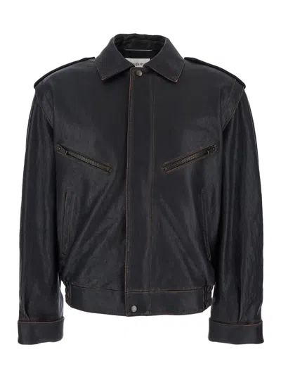 Saint Laurent Brown Jacket With Lived Effect And Front Welt Pockets In Leather Man In Black