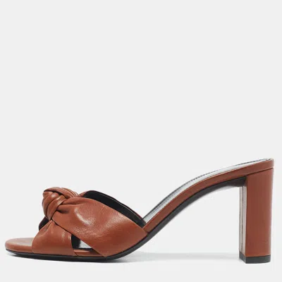 Pre-owned Saint Laurent Brown Knotted Leather Bianca Slide Sandals Size 37