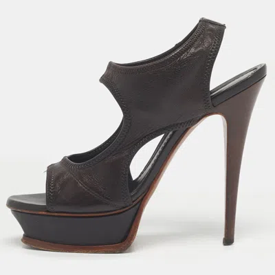 Pre-owned Saint Laurent Brown Leather Ankle Strap Platform Sandals Size 37.5