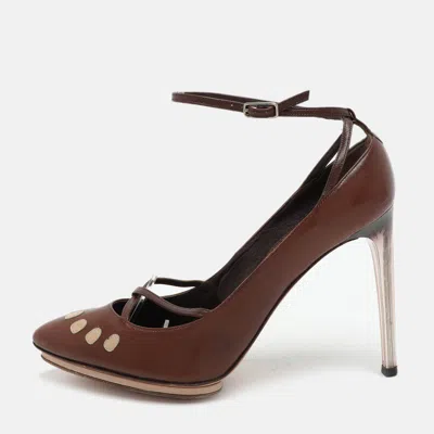Pre-owned Saint Laurent Brown Leather Ankle Strap Pumps Size 37.5