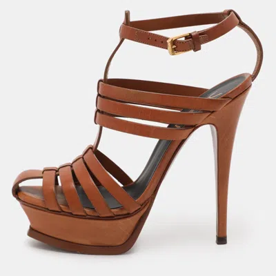 Pre-owned Saint Laurent Brown Leather Ankle Strap Sandals Size 36.5