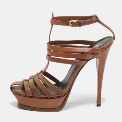 Pre-owned Saint Laurent Brown Leather Ankle Strap Sandals Size 40