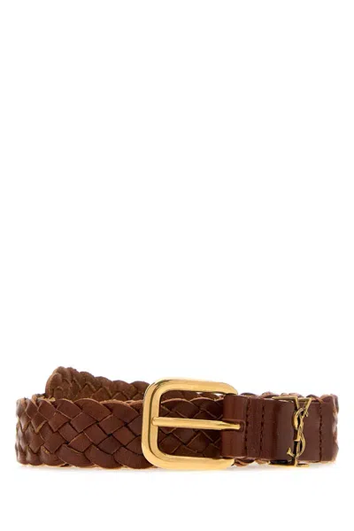 Saint Laurent Antiqued Golden Hardware Leather Belt In Brown