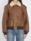 Saint Laurent Brown Leather Bomber Jacket With Shearling Collar In Brown