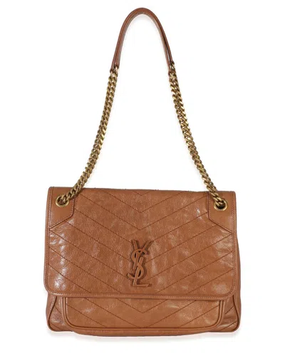 Pre-owned Saint Laurent Brown Leather Crinkled Matelassé Medium Niki Chain Satchel  (authentic Pre-loved)