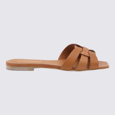 Saint Laurent Brown Leather Flats In Red