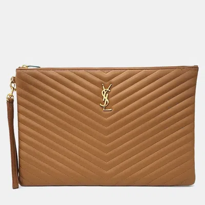 Pre-owned Saint Laurent Brown Leather Monogram Clutch