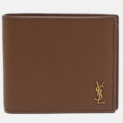 Pre-owned Saint Laurent Brown Leather Tiny Cassandre East/west Bifold Wallet