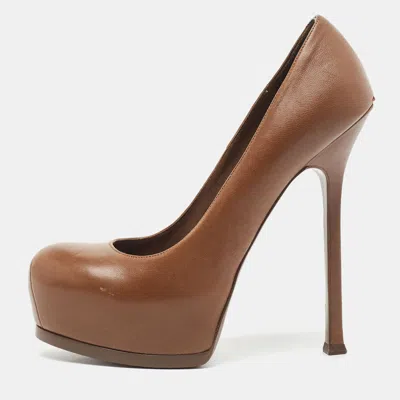 Pre-owned Saint Laurent Brown Leather Tribtoo Platform Pumps Size 39