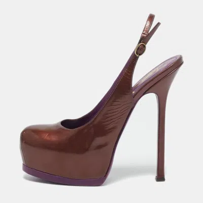 Pre-owned Saint Laurent Brown Leather Tribtoo Slingback Platform Pumps Size 37