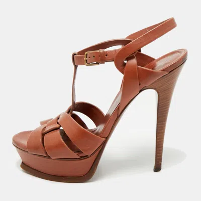 Pre-owned Saint Laurent Brown Leather Tribute Ankle Strap Sandals Size 38