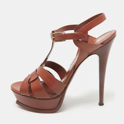 Pre-owned Saint Laurent Brown Leather Tribute Ankle Strap Sandals Size 39.5