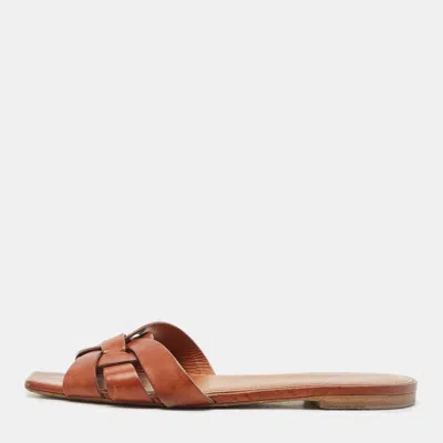Pre-owned Saint Laurent Brown Leather Tribute Flat Slides Size 38.5