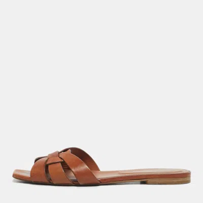 Pre-owned Saint Laurent Brown Leather Tribute Flat Slides Size 38.5