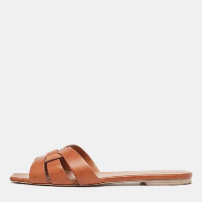 Pre-owned Saint Laurent Brown Leather Tribute Flat Slides Size 39