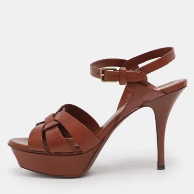 Pre-owned Saint Laurent Brown Leather Tribute Platform Ankle Strap Sandals Size 35.5