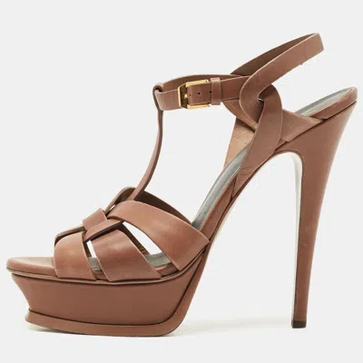 Pre-owned Saint Laurent Brown Leather Tribute Platform Sandals Size 38