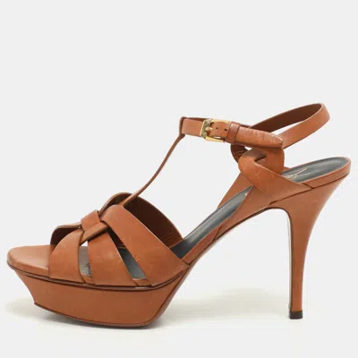 Pre-owned Saint Laurent Brown Leather Tribute Platform Sandals Size 39.5
