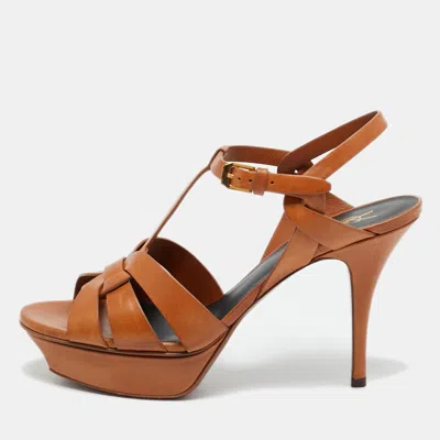 Pre-owned Saint Laurent Brown Leather Tribute Platform Sandals Size 40