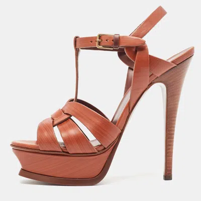 Pre-owned Saint Laurent Brown Leather Tribute Sandals Size 36