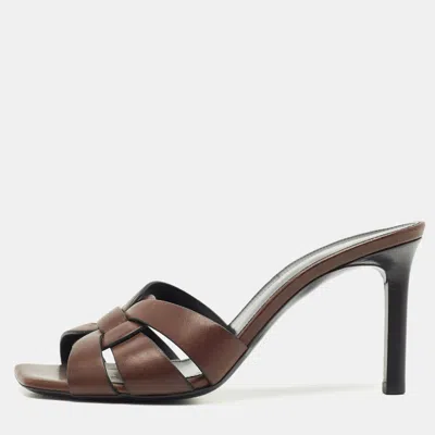 Pre-owned Saint Laurent Brown Leather Tribute Slide Sandals Size 36.5