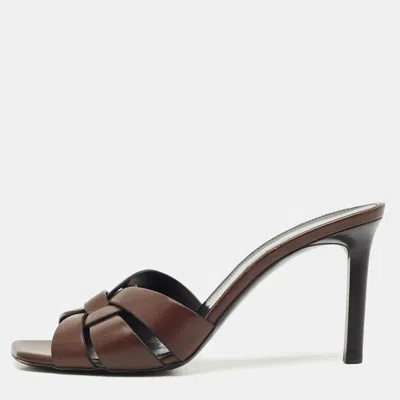 Pre-owned Saint Laurent Brown Leather Tribute Slide Sandals Size 39.5