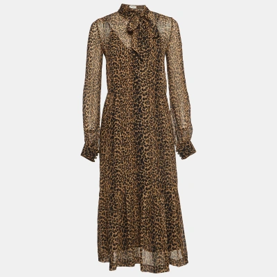 Pre-owned Saint Laurent Brown Leopard Print Chiffon Midi Dress S