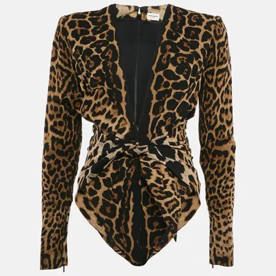 Pre-owned Saint Laurent Brown Leopard Print Crepe Full Sleeve Bodysuit M