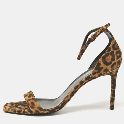 Pre-owned Saint Laurent Brown Leopard Print Suede Ankle Strap Sandals Size 42